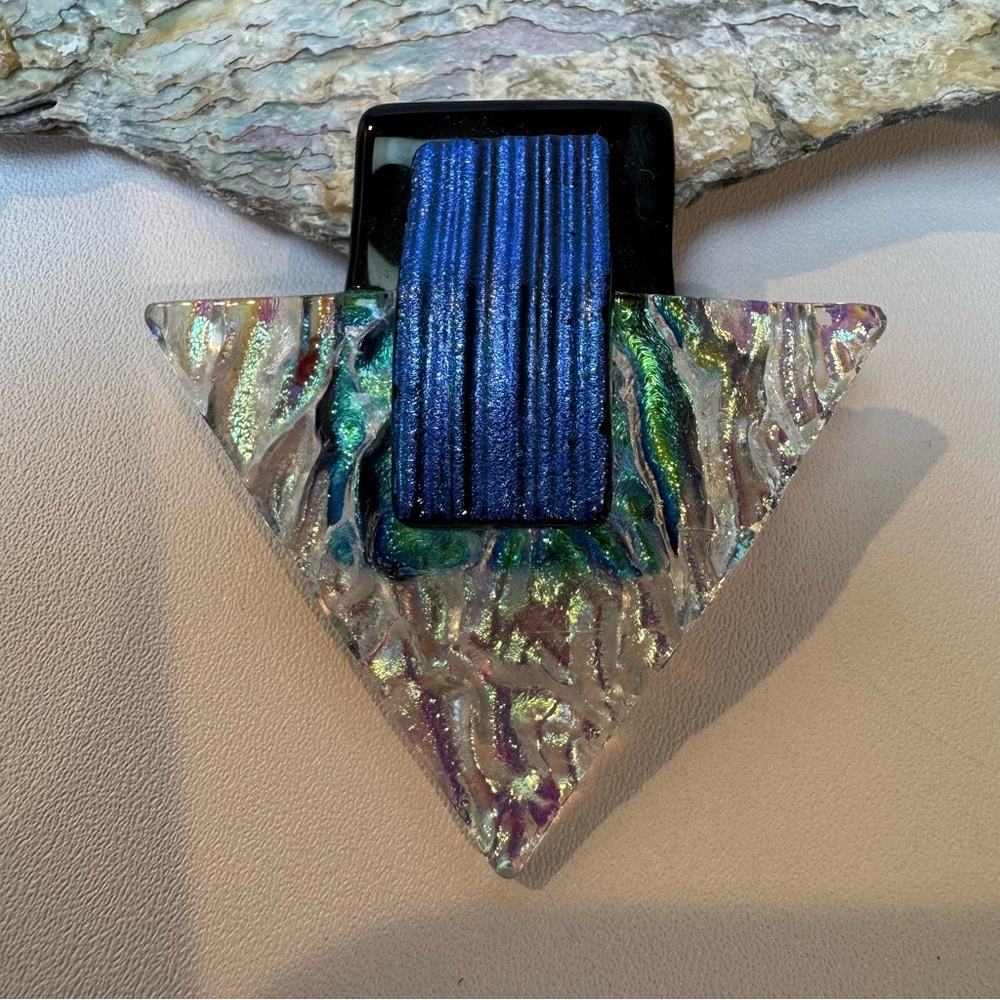 Iridescent Dichroic Glass Brooch and Earring Set with Blue and Black Accents - Picture 6 of 9